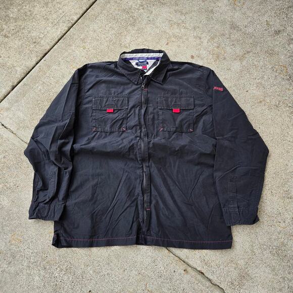 Vtg 90s TOMMY HILFIGER Tommy Jeans Embroidered Logo Colorblock Zip Up Shirt XL - Picture 1 of 7